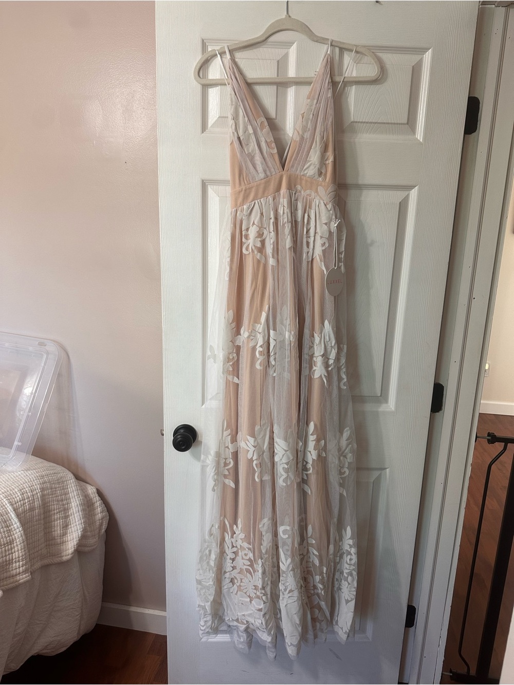 Luxxel Blush Maxi Slip with White Floral Appliqué